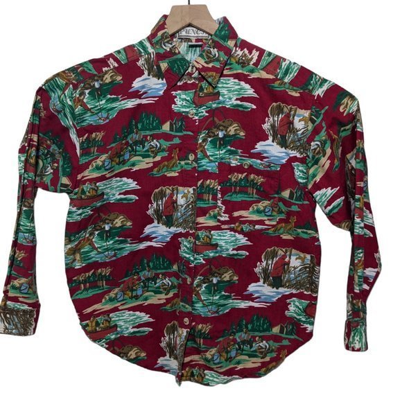 VINTAGE Mens PUNCH Red Hunting Fishing Camping Novelty Long Sleeve Button Down L - Picture 2 of 7